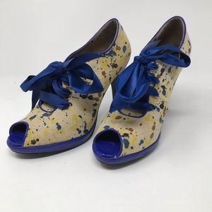 Cindy Jaime Heels Paint Splatter Open Toe Bow
